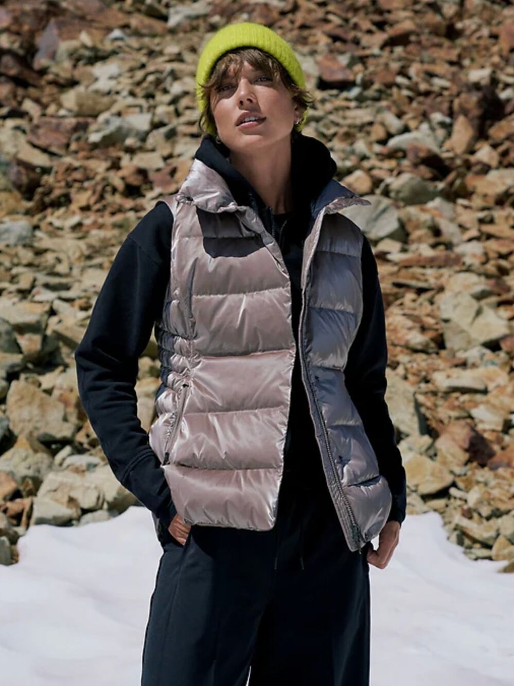 Athleta Puffer Vest Womens XXS Silver Downtown DWR 550 Fill Down Gorpcore Work